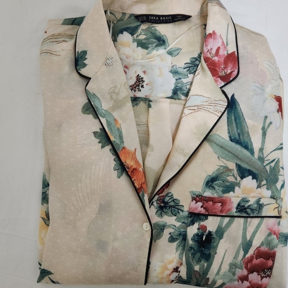 Zara Satin Oriental Japanesse Garden Floral PrintvShirt - Picture 2 of 8
